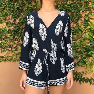 Navy Blue Leaf Print Romper